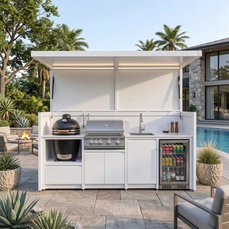 304 Stainless Steel Outdoor BBQ Cabinet Set, Moisture-Proof Barbecue Grill Cabinet With Double Folding Doors and Refrigerator