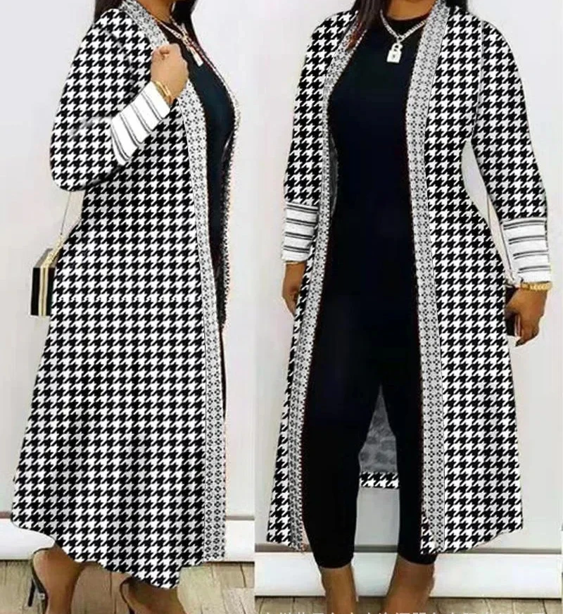 Plus Size Marble Print Open Front Longline Coat 2024 Autumn Women Long Cardigan Elegant Splice Striped Loose Slim Ponchos Capes