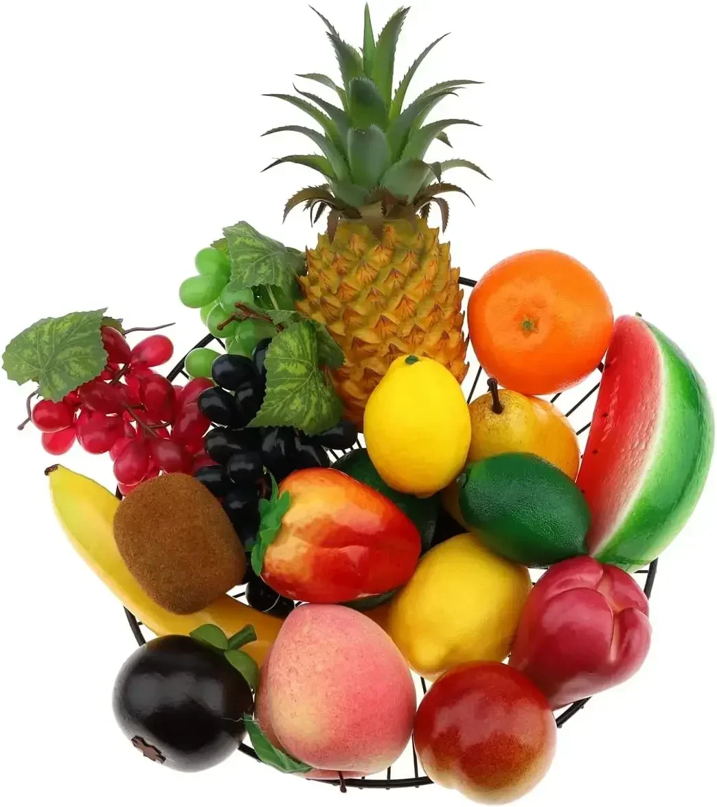 18 PCS Artificial Fruits Decoration Home Pineapple Grape Strawberries Pear Oil Orange Lemon Wax Apple  Banana Peach Combination