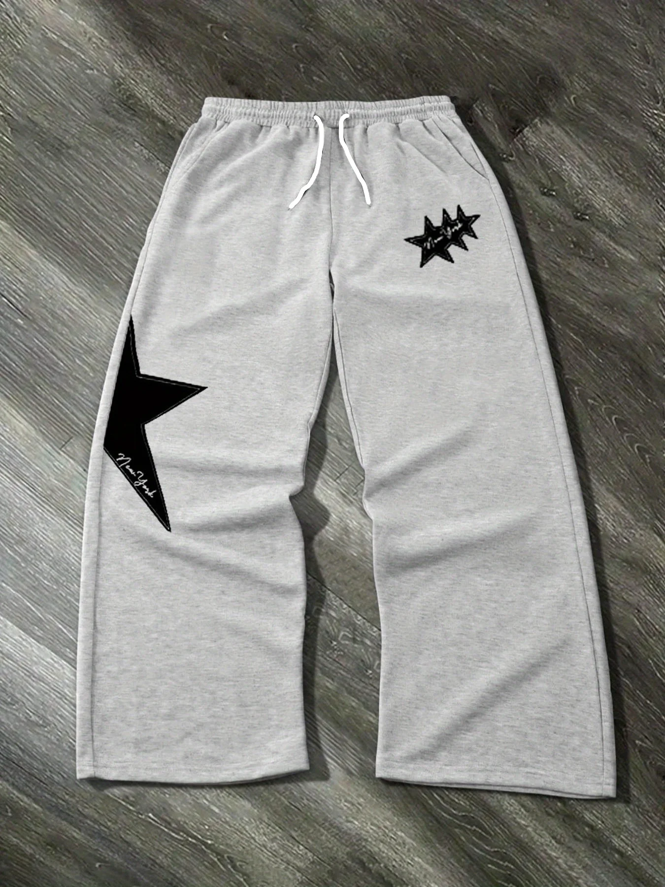Mens Wide Leg Sweatpants Black Star And New York Cursive Letter Print Elastic Waist Loose Casual Streetwear Jogger Pants Kids