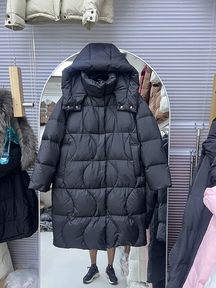 Winter New Medium to Long Style Down Jacket Women's Fashion Thick Hooded Loose Casual Solid Color White Duck Down Coat