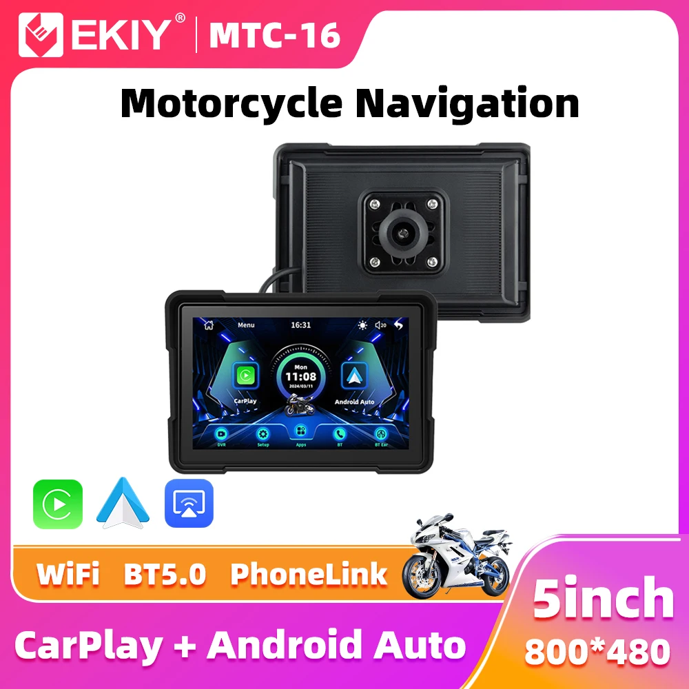 EKIY 5 inch Wireless CarPlay Moto Portable Digital Motorcycle Dashboard GPS Navigation Display Screen Android Auto Monitor BT5.0 