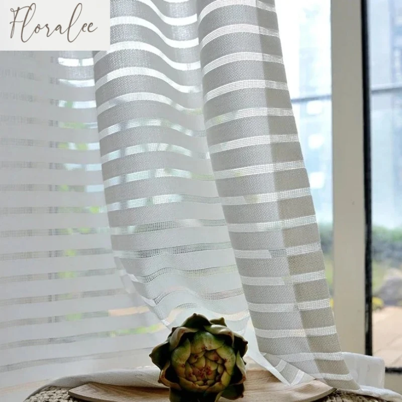 

Solid White Tulle High Quality Striped Thick Yarn Blinds Style Chiffon Sheer Window Curtains for Living Room Bedroom Decor Voile