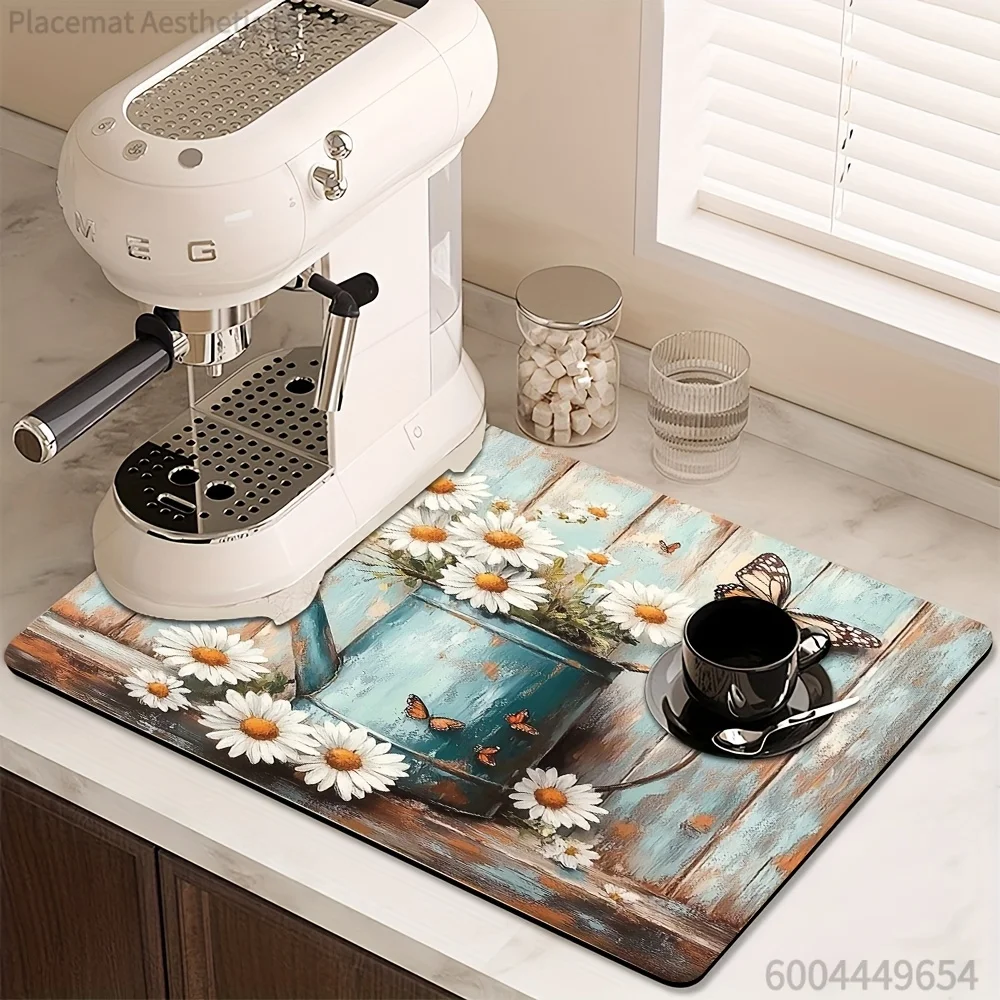 Rustic Blue Washing Machine Dust Cover Pad with Watering Can & Daisy Design – Absorbent, Heat-Resistant Kitchen Mat for Tablewar