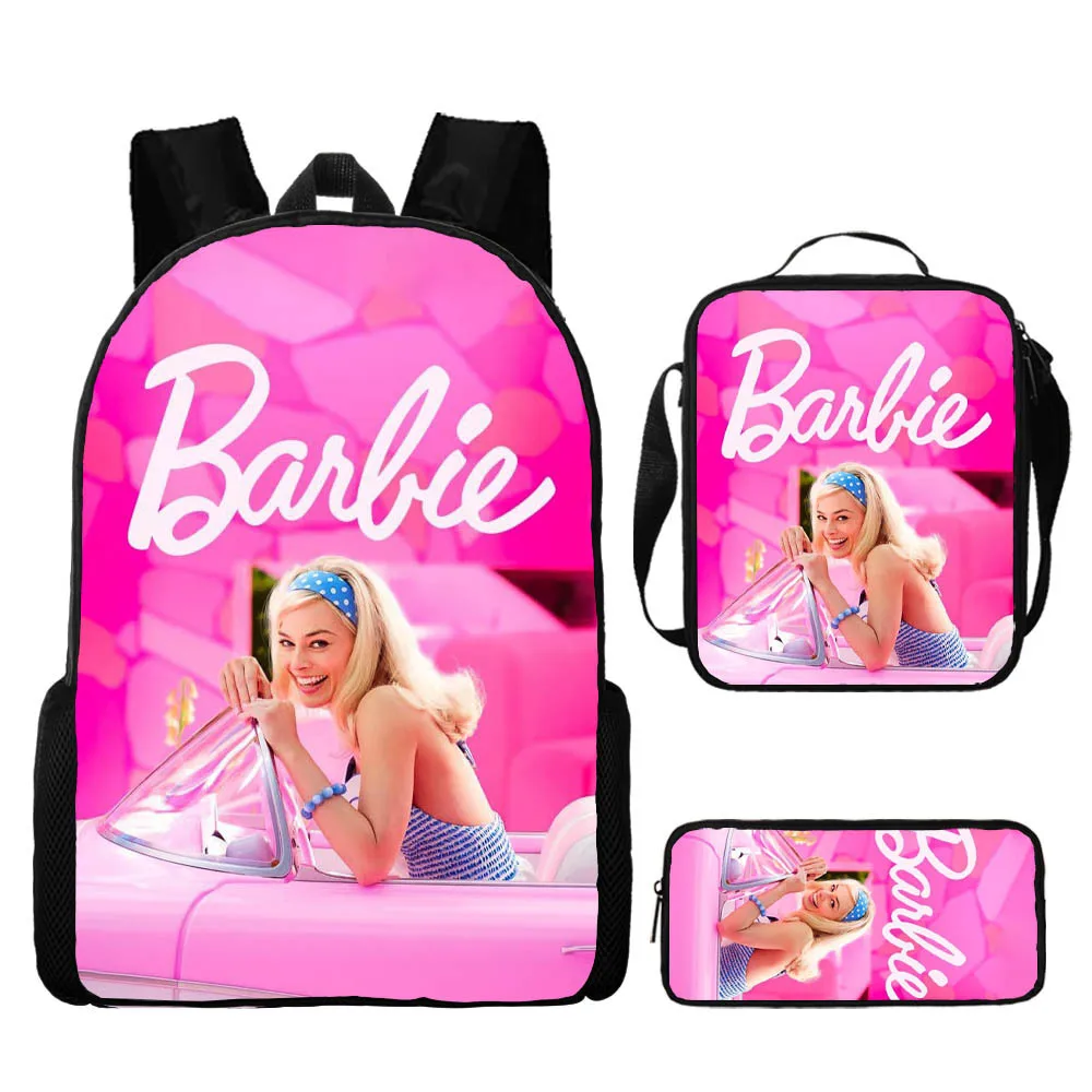 

MINISO New Barbie Peripheral Movie Backpack Lunch Bag Pencil Bag Three-piece Set Student School Bag Best Gift for Children