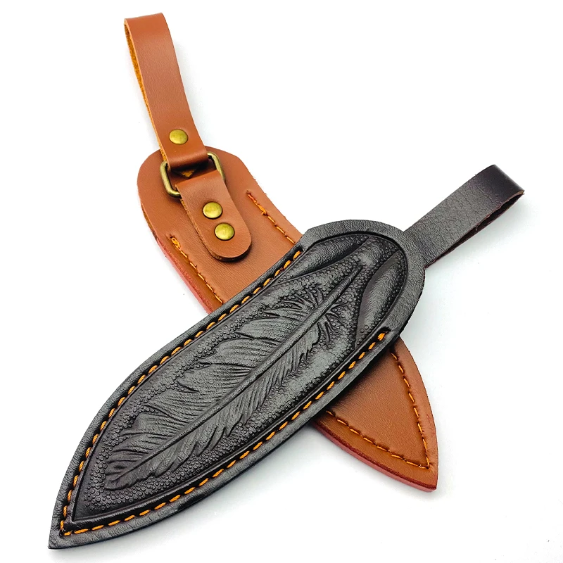 1pc Cowhide Straight Knife Scabbard Sheath Feather Carving Cow Leather Cover Storage Bag Outdoor Knives Pants Case