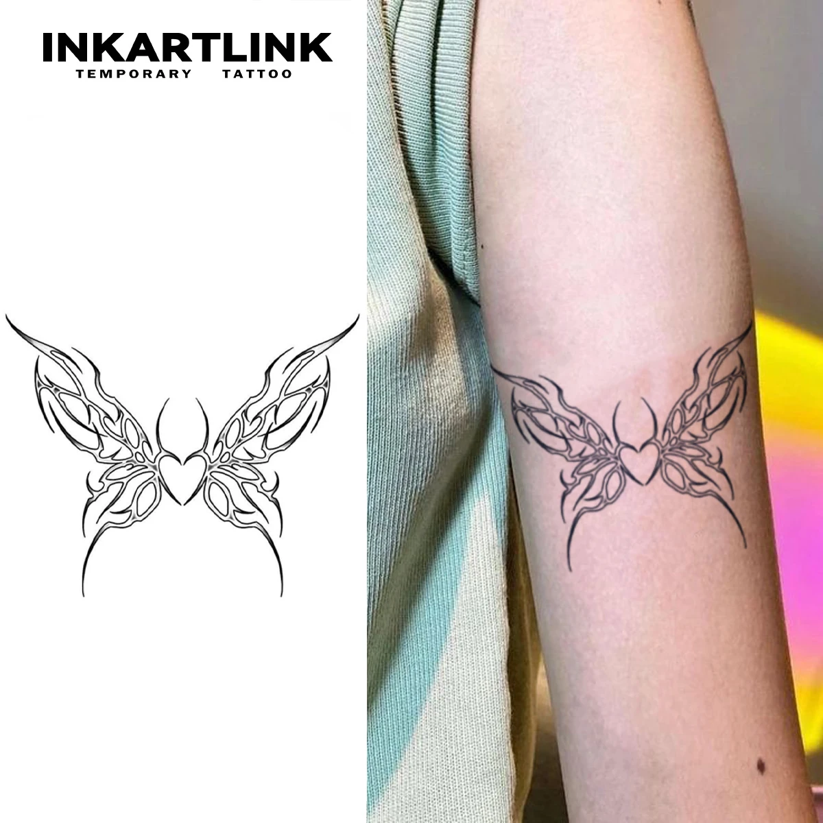 INKARTLINK Heart Shaped Flame Butterfly Tattoo Patch 1-2 Weeks Long Lasting Symmetrical Wing Design Waterproof Temporary Tattoo