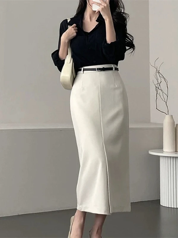 Korean Style High Waist Straight Cut Slit Suit Skirt Women's Commute Slimming Wrap Skirt with Belt Elegant Breathable Inner L...