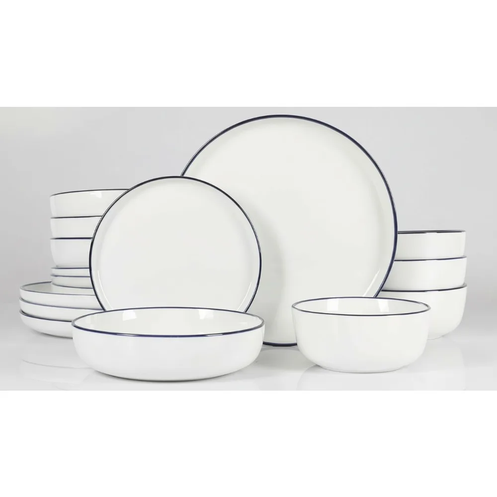 

16-Piece Porcelain Dinnerware Set, Chip & Scratch Resistant, Microwave & Dishwasher Safe Plates Bowls White Blue Rim