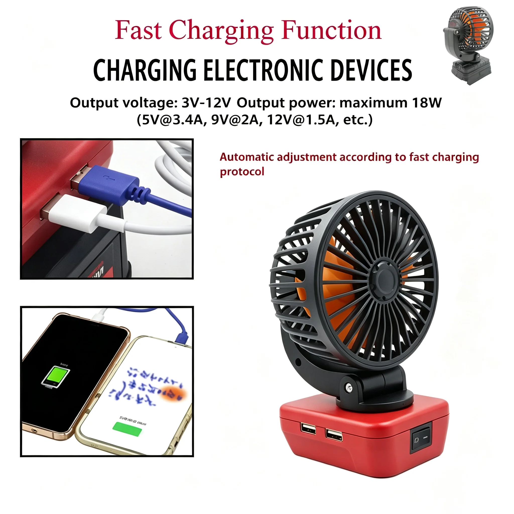Electric Fan For Makita For DeWalt For Bosch For Milwaukee For Devon For DaYi Li-ion Battery USB Mobile Phone Charger Power Bank