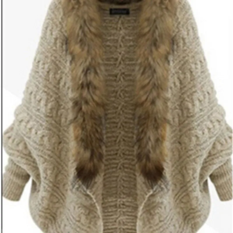 SUSOLA New Winter Trend Knitted Cardigan Women Bat Cape Shawl Collar Trend Female Faux Fur Coats Overcoat Outwear