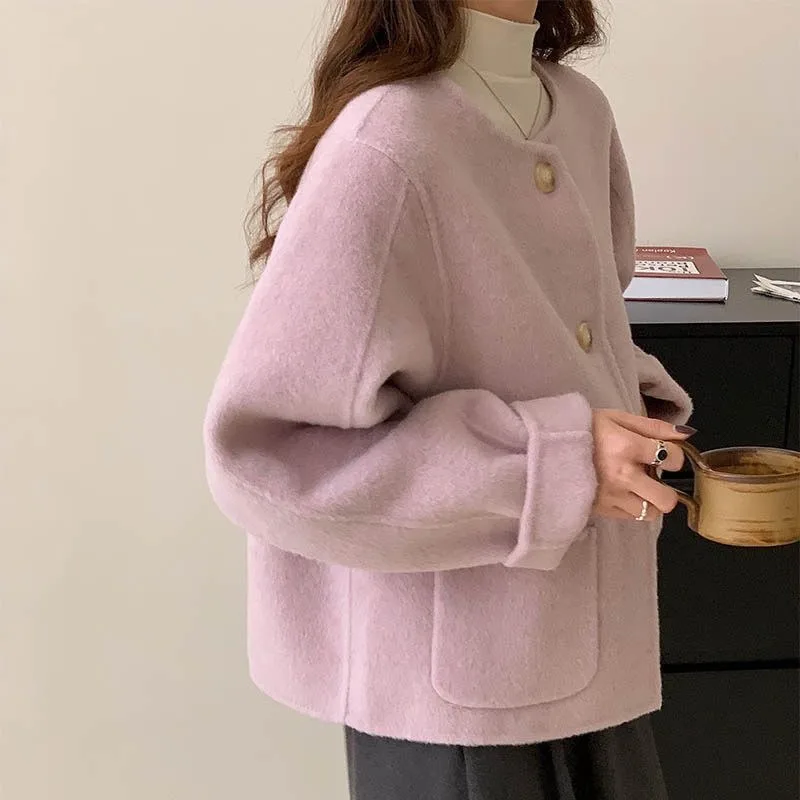 2024 Autumn and Winter New Solid Color Student French Style Short Loose Round Neck Wool Coat Women's Commuter Casual Wear