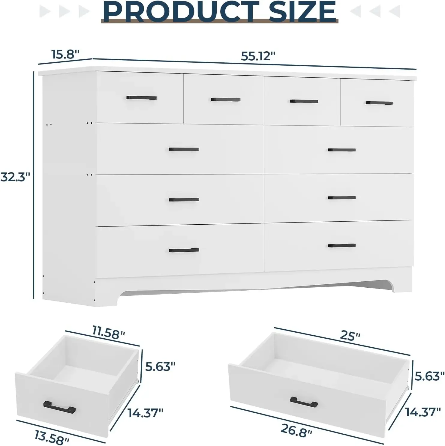 DICTAC White Dresser for Bedroom with 10 Drawers, Large Chest of Drawers Storage Organizer, Long Dresser TV Stand with Power Out