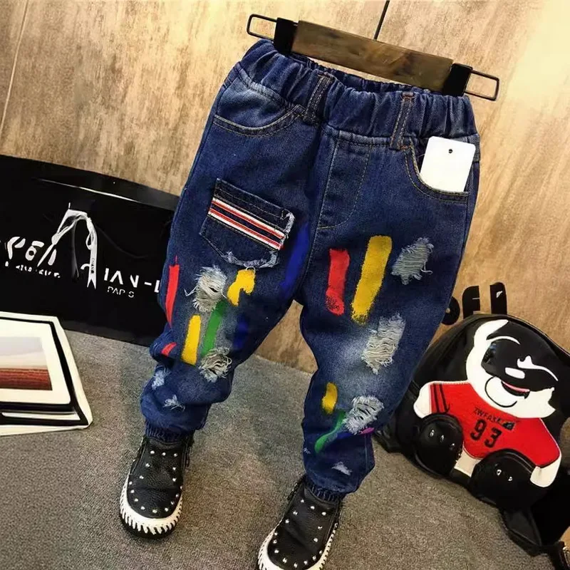 Graffiti Hole Jeans Baby Boys Jeans Kids Pants Casual Pants Spring Autumn Kids Trousers Navy Blue Fashion Baby Clothing (B1123