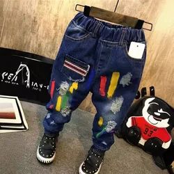 Graffiti Hole Jeans Baby Boys Jeans Kids Pants Casual Pants Spring Autumn Kids Trousers Navy Blue Fashion Baby Clothing (B1123