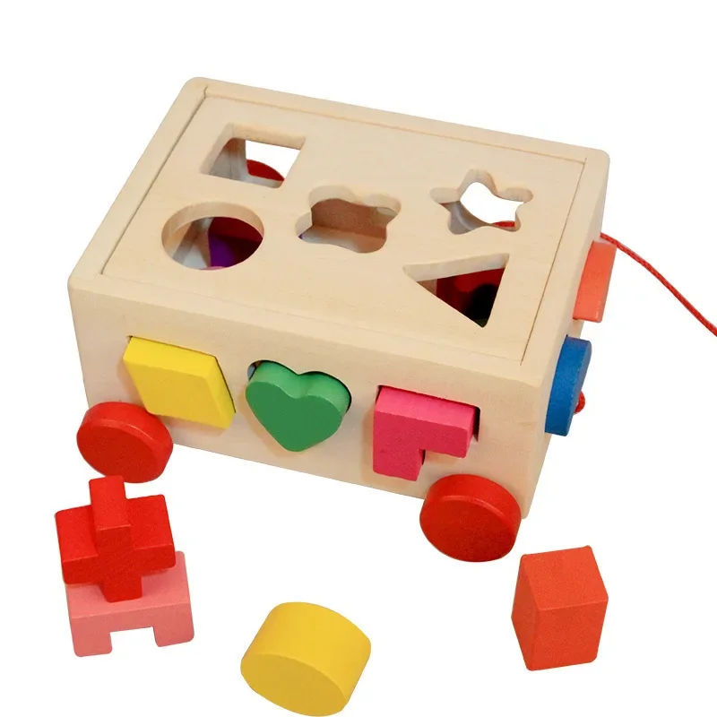 Kids Shape Sorter Toy Wooden Pull Along Car Shape Sorter Matching Blocks Box Kids Intelligence Educational Toys For Kids Gifts