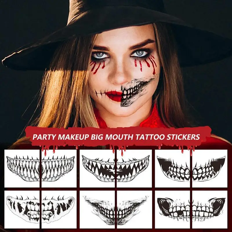 Tatuajes temporales de boca de terror para Halloween, 10 Uds., cara aterradora negra, dientes, labio, tatuajes temporales, pegatinas, accesorios para fiesta de Cosplay, Halloween