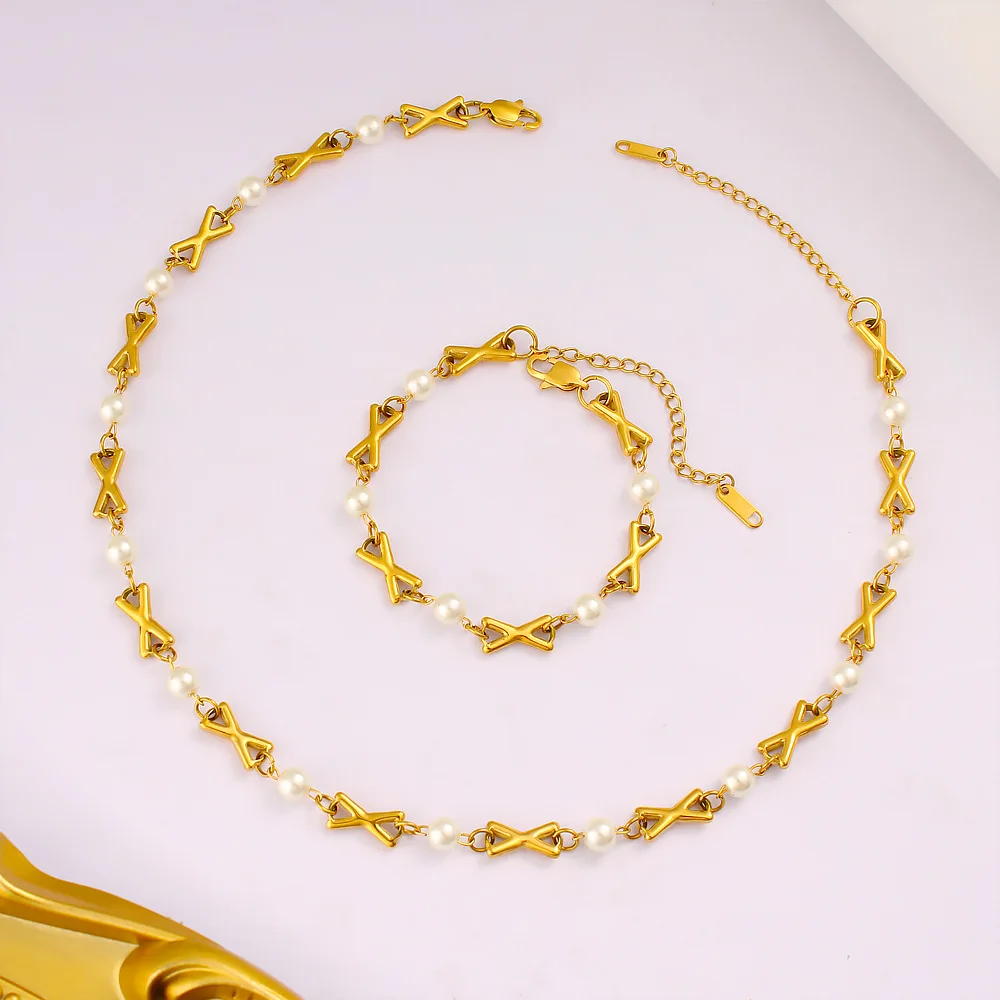 DIY accessories Fashion personality pearl splicing chain bracelet necklace stainless steel 18K gold ins women's collarbone chain