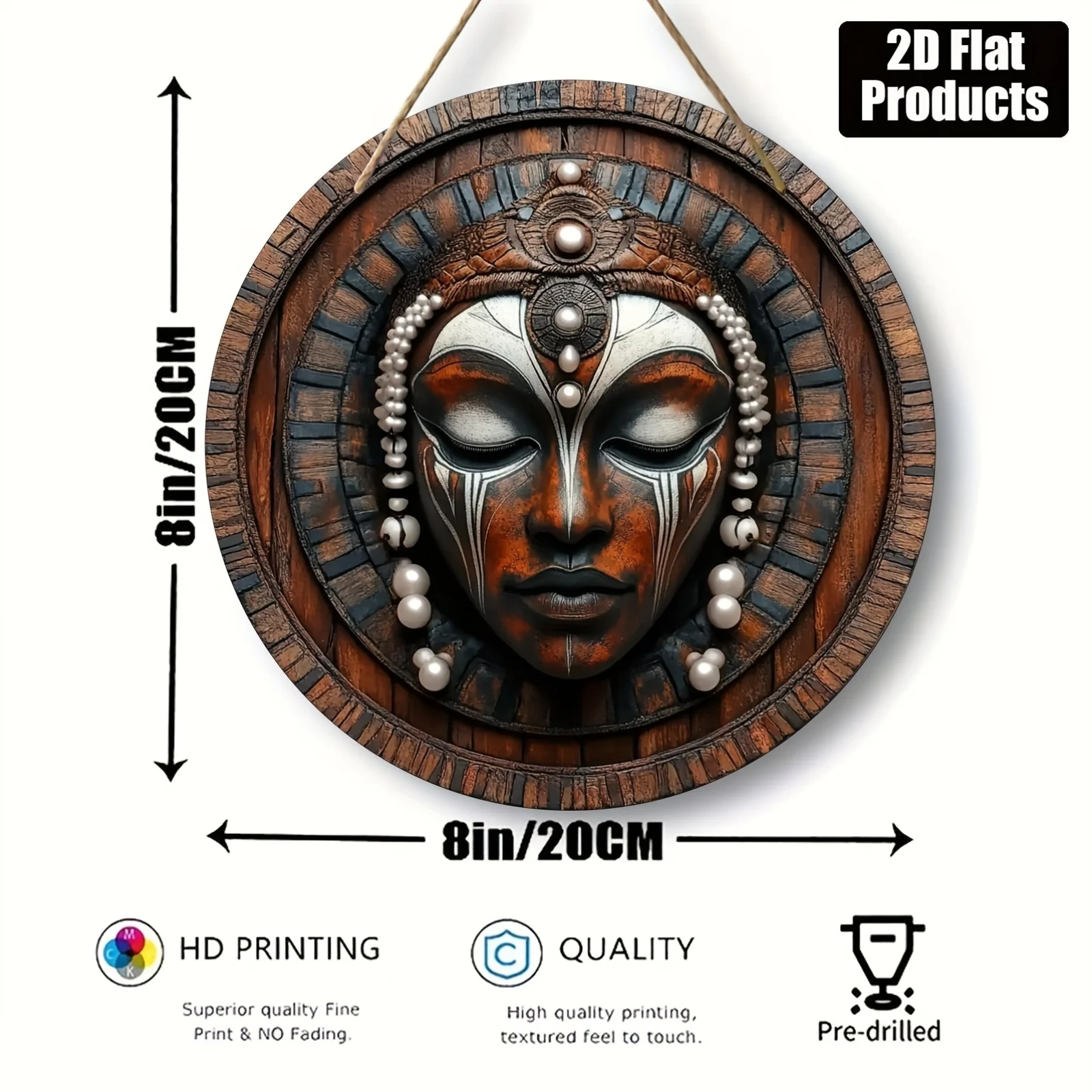 2D Flat, 1pc Vintage African Mask Wall Art - 8x8 Inch Round Wooden Decorative Sign with Intricate Design, Perfect for Home, Offi