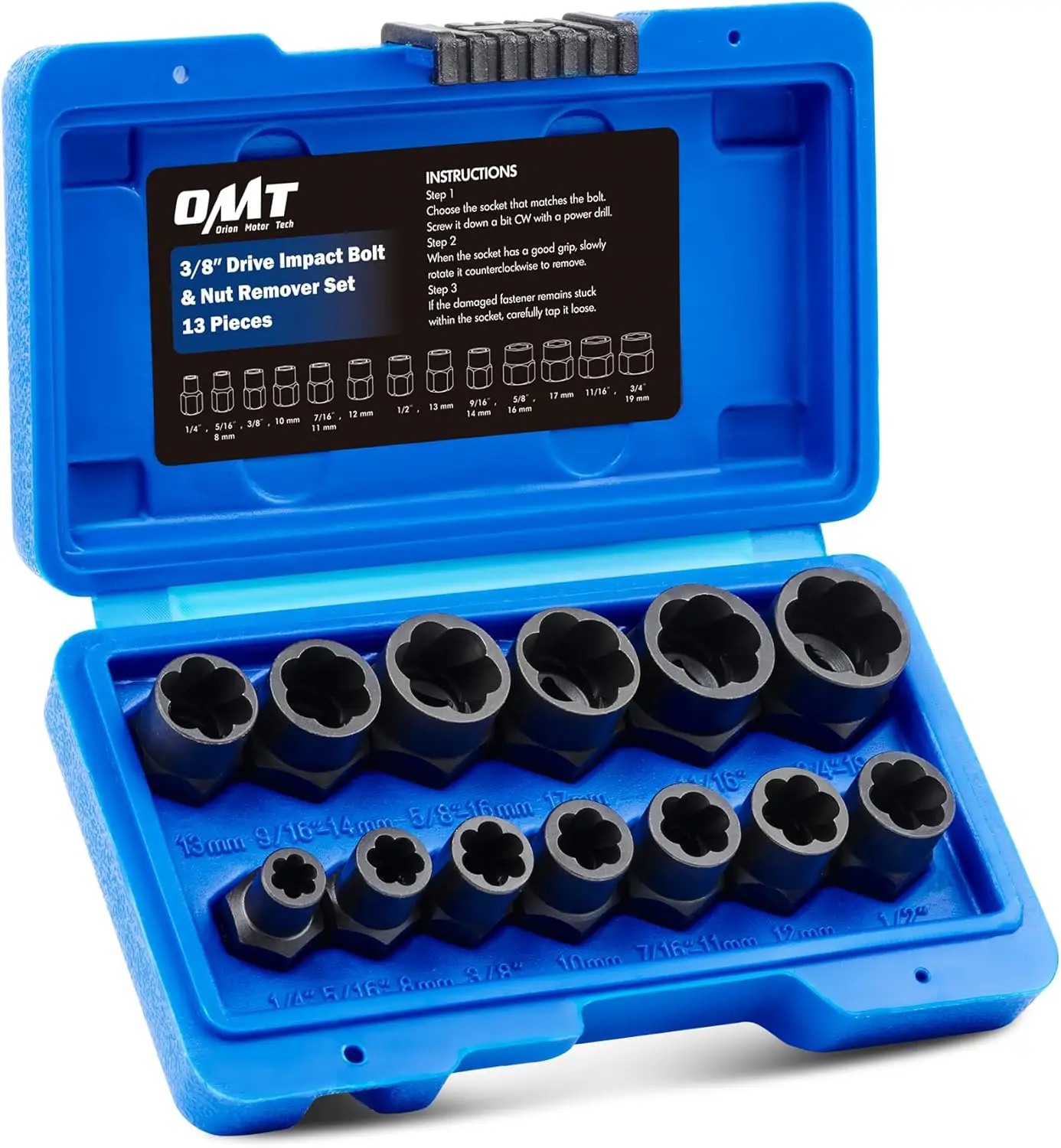 

Impact Nut & Bolt Extractor Set, 13 SAE/Metric Sizes, 3/8' Drive, with Case