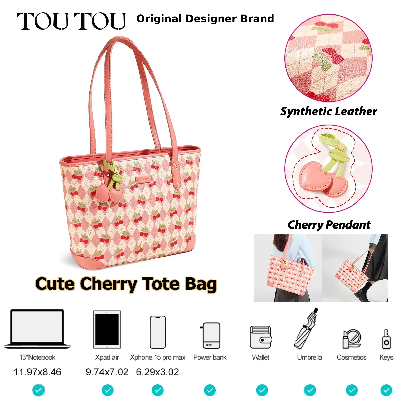 TOUTOU Handbag Women Valentine\'s Day Cherry Tote Bag Large Capacity Pvc Fashion Handbag 2024 New Shoulder Bag Vegetable Bag