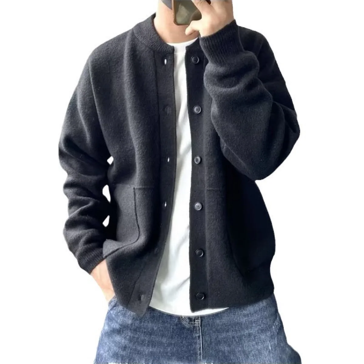 2026 New Men Solid Black Crew Neck Knit Cardigan Loose Oversized Long Sleeve Button Sweater Jacket Daily Streetwear Outerwear Wi
