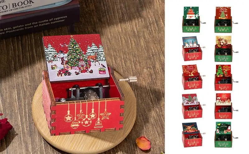2023 Christmas Gift Wooden Hand Crank Music Box Merry Christmas Music Theme Birthday New Year Gifts Santa