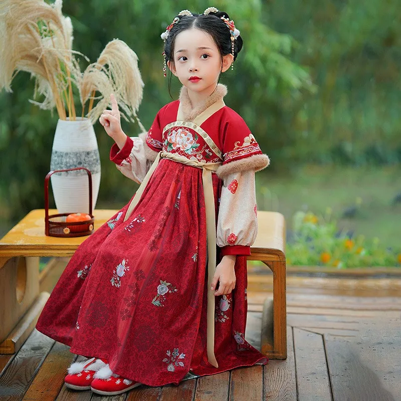 Girls Winter New Thick Embroidery Tang Suit Hanfu Fairy Princess Kids Dress Perform Costume Chinese New Year Clothing Cosplay