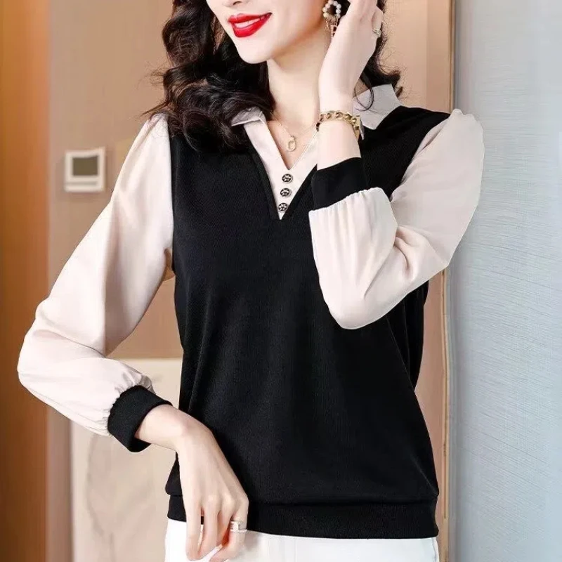 Spring Autumn Women's Clothing Pullover Button Lantern Long Sleeve Turn-down Collar Contrast Color T-shirt Casual Elegant Tops