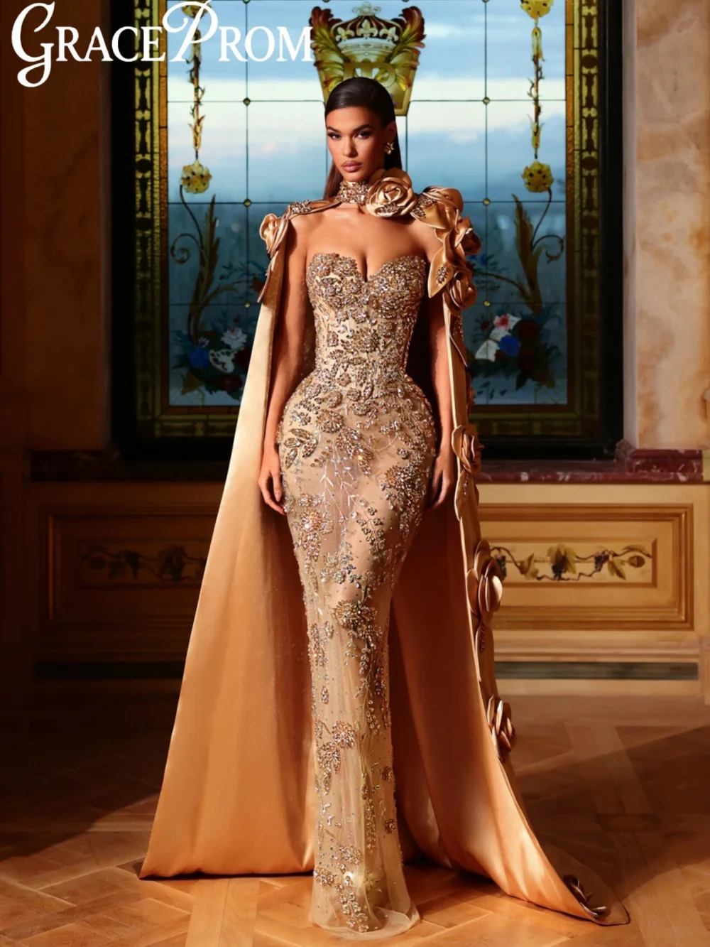 

Golden Illusion Crystal Evening Dress With Cape Romantic Sweetheart Neck Wedding Party Gown Customized Luxurious Banquet Dresses