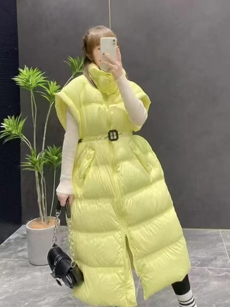 타이트 웨이스트 롱 덕다운 베스트 코트 여성 패션 두꺼운 스탠드 칼라 따뜻한 재킷 슬리브리스 베스트 푸퍼 코트 여성 트렌디