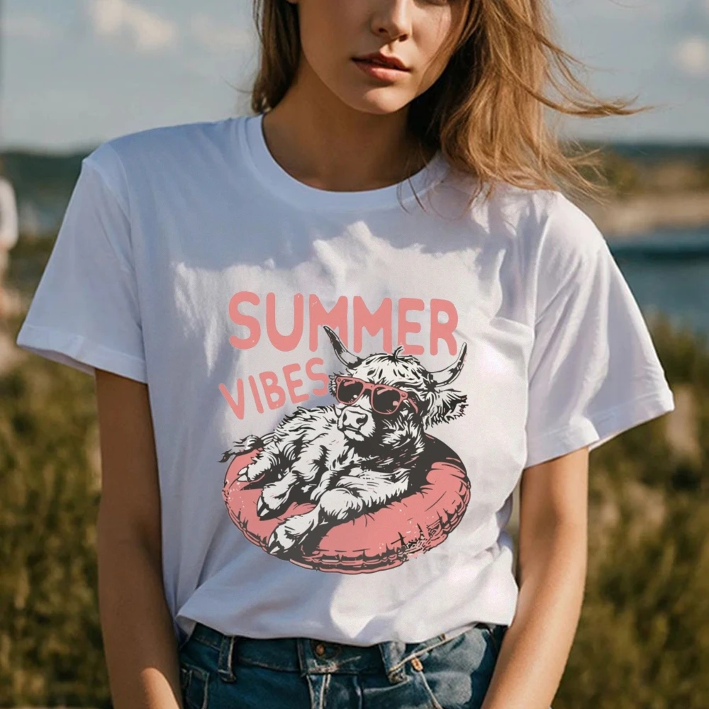 

Summer Vibes Highland Cow Shirt Summer Western Outfit Funny Cow Beach Graphic Tee Funny Beach Shirt For Women Summer Sublimation