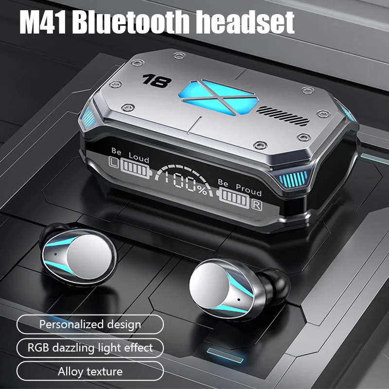 #M41 Wireless Bluetooth Touch Digital Display In-Ear Sports Metal Texture Mecha Wind Dazzle Colour Light Magnetic Suction