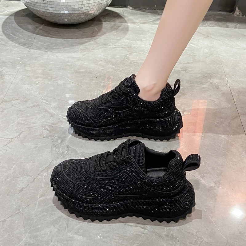 

High-quality Thick-soled Lace-up Rhinestone Versatile, Comfortable, Anti-slip and Breathable Women's Sports and Casual Shoes