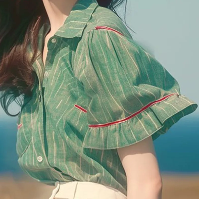 

Spring And Summer New Striped Turn-Down Collar Flare Short Sleeve Casual Women's Wear High Quality Single Breasted Shirt