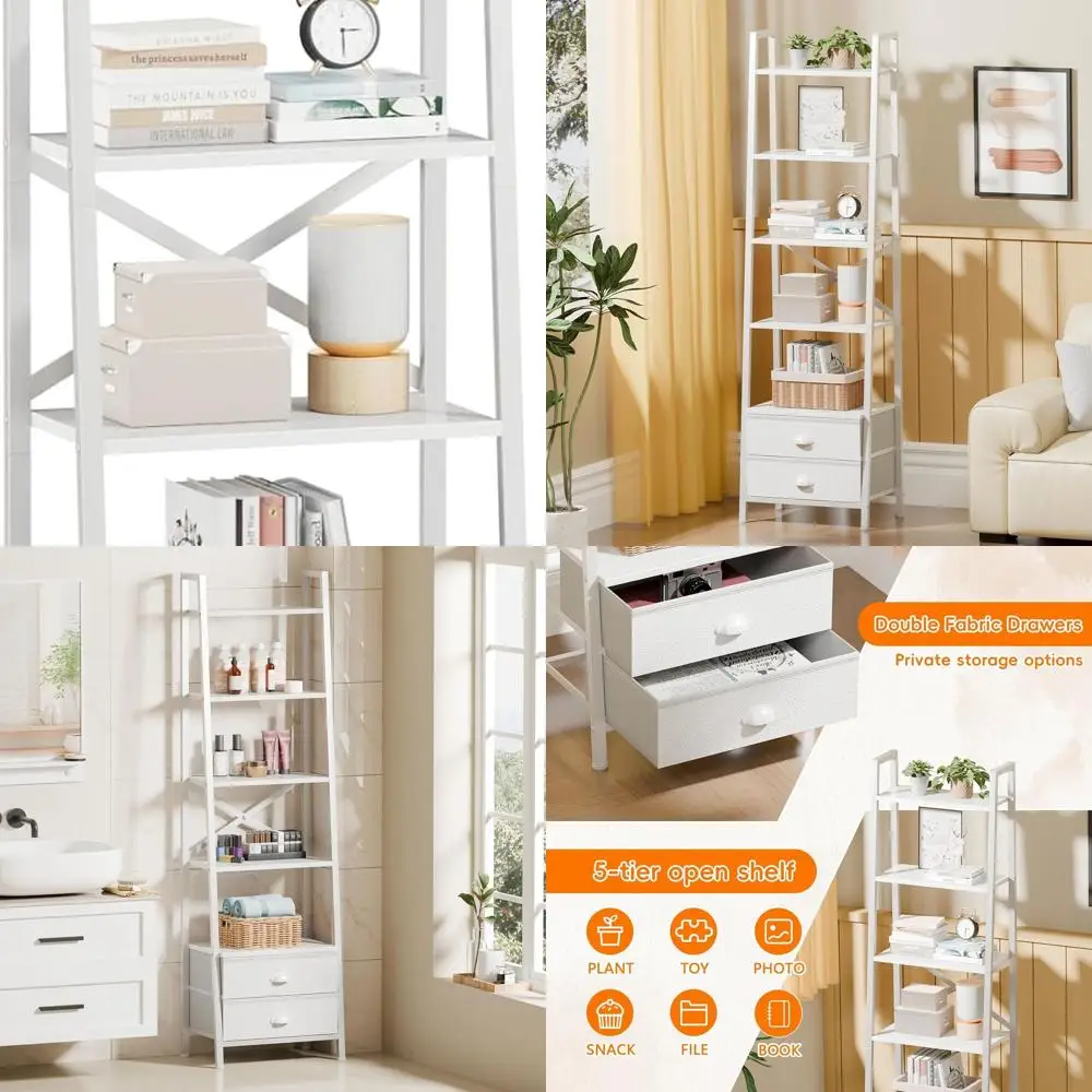 

Книжная полка с 5 полками и 2 ящиками, компактное хранилище для домашних офисов, гостиных и многого другого, деревянная и металлическая конструкция,