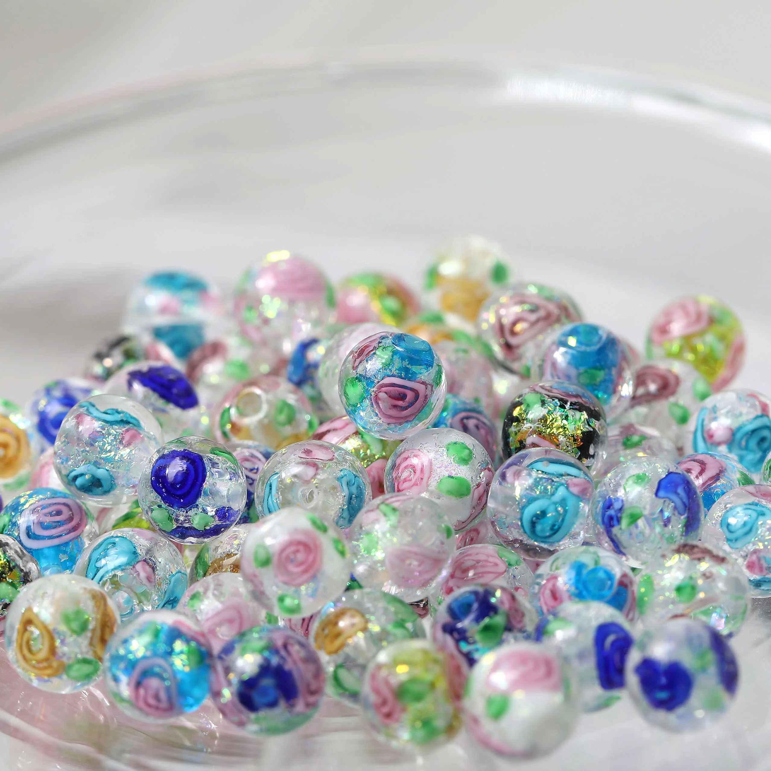 

10 pcs 10MM Lampwork Rose Flower Beads Glaze Bead Pink White Black Mix Color for Jewelry Making DIY Accessories