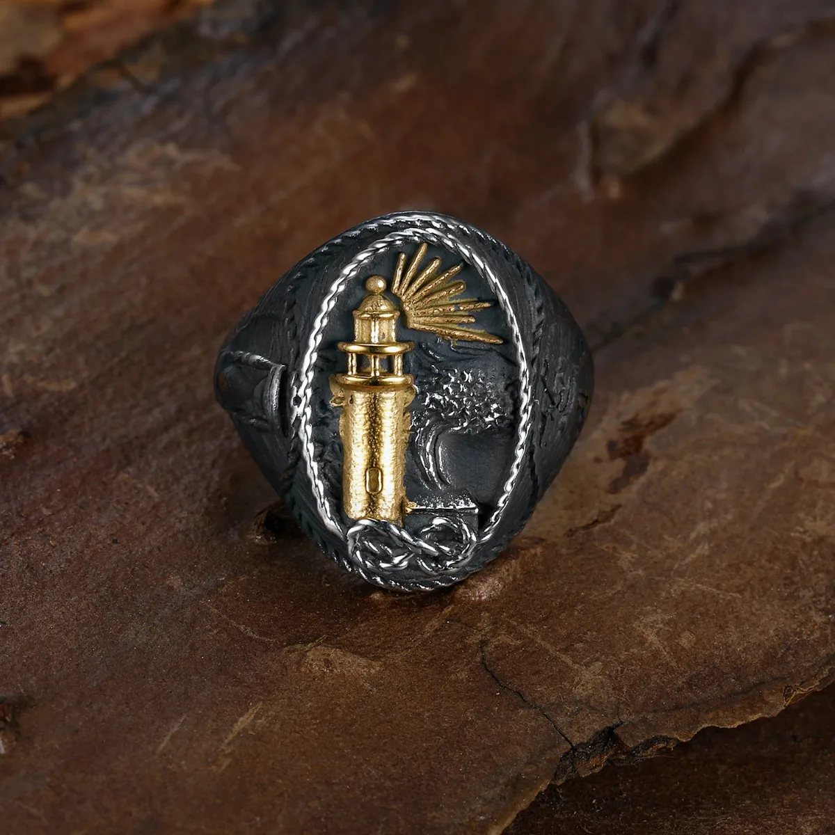 

New American Vintage Style Lighthouse Rings for Men Silver Gold Color Stainless Steel Punk Jewelry Ocean Sky Shaped Charm Gifts