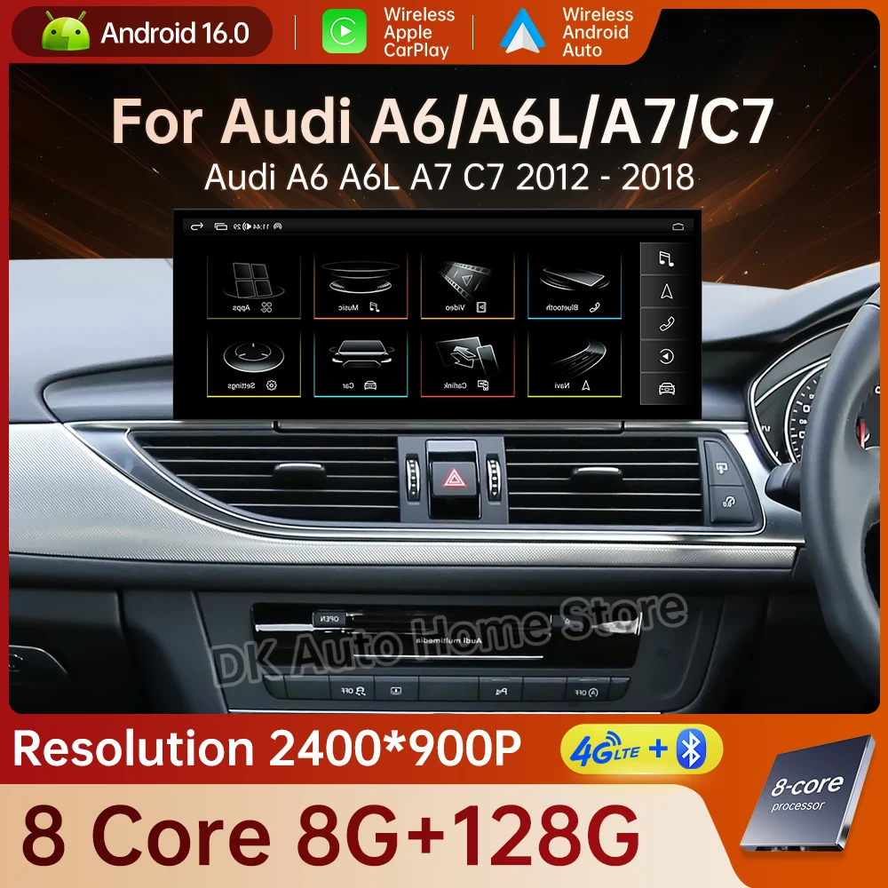 RHD12.3For Audi A6 A6L A7 C7 2012-2018 Android 16 Car Radio Multimedia CarPlay 4G WIFI DSP Stereo GPS Navigation QLED Touch S