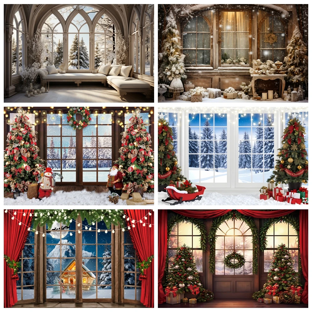 

Christmas Window Backdrop for Photography Winter Snow Starry Sky Scene Festival Party Banner Background Decor Photo Studio Props