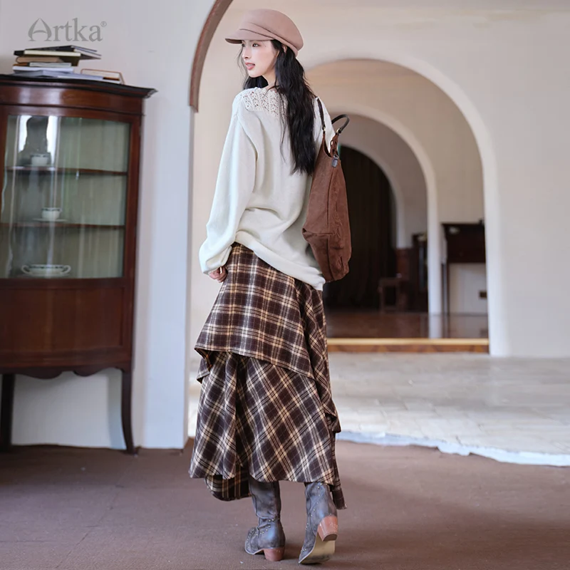ARTKA 2025 Autumn New Women Skirt Vintage Plaid Thicken High-waisted Skirt Irregular hem A-line Long Skirts With Belt QA62053Q