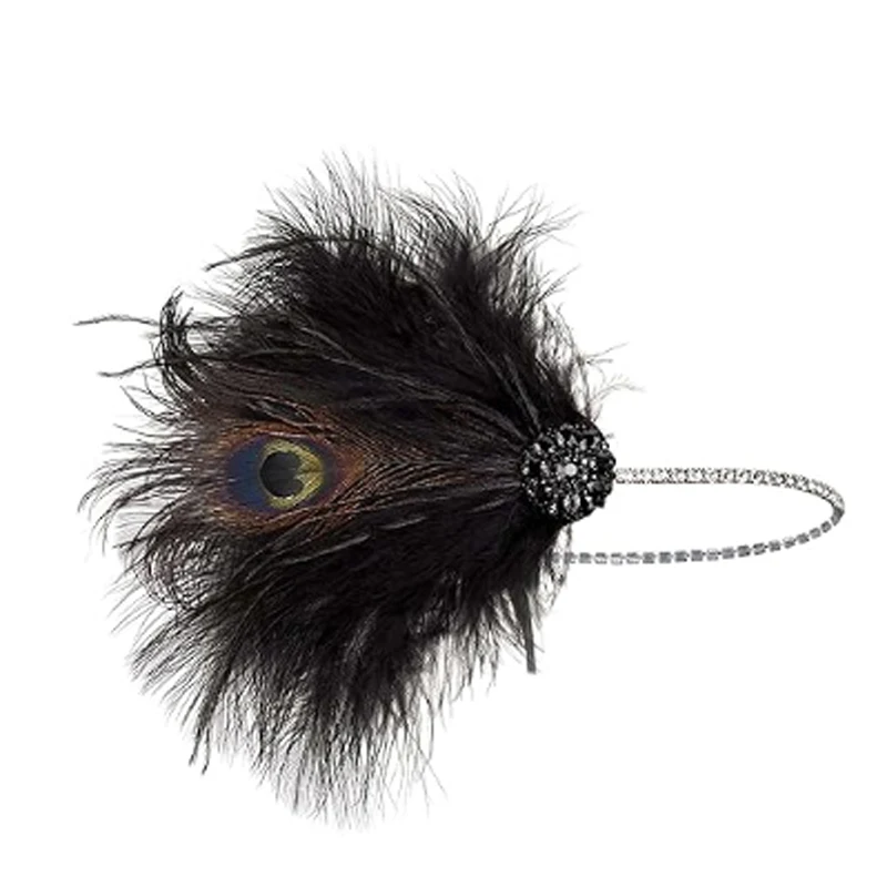 Vintage 1920s Flapper Headband Roaring 20s Great Gatsby Headpiece with Feather 1920s Flapper Gatsby Hair Accessories Black Set