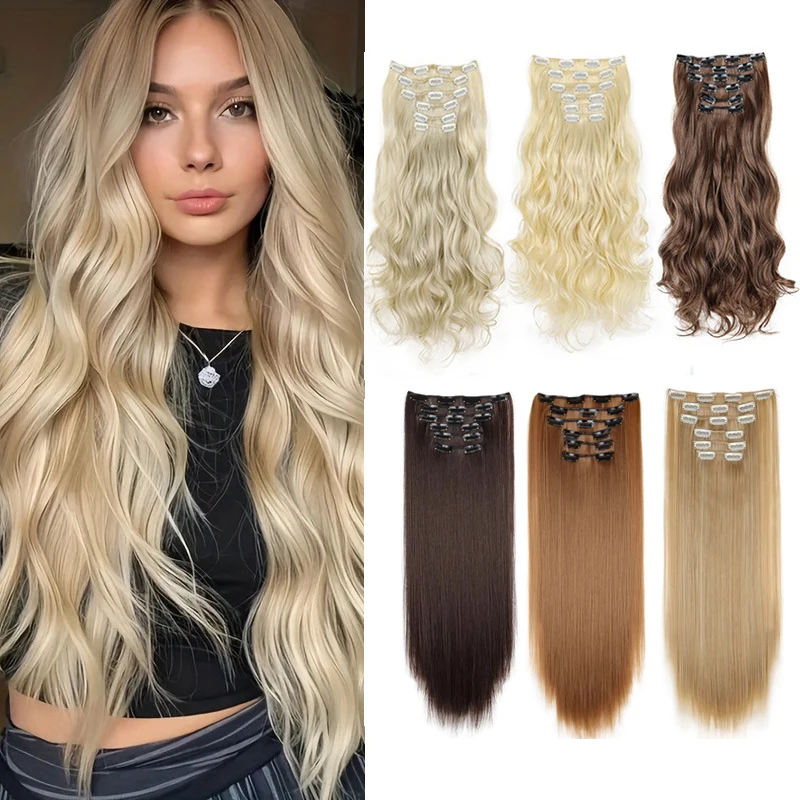 Synthetic Long Curly 16 Clips Hair Extension Heat Resistant Fiber Black Brown Hairpiece for Women Cosplay Wig Halloween Wig Part
