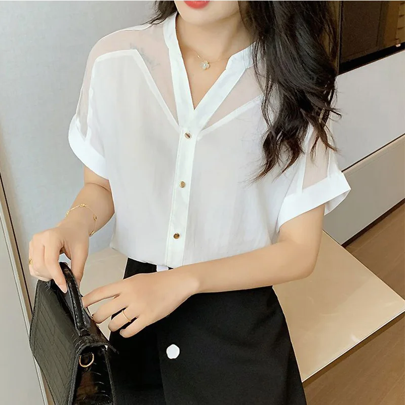 2024 New Summer High Waist Retro Loose Casual Office Lady Women's Shirt Button Lace Cotton Linen V Neck Short Sleeve Chic Tops