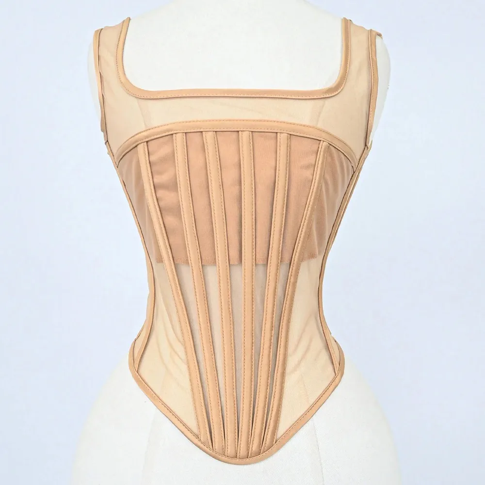 Women Summer Bustier Corset Vest OverBust Lace Up Boned Shaping Tops Bodice Transparent Mesh Waist Trainer Slim Fit Tube Tops view 3
