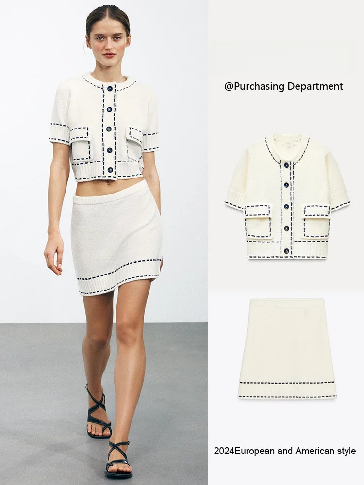 

Spring New Arrival Women's ort Sve Knitted Jaet Skirt Set round Ne Button Sle Faionable Two-Piece Ensemble
