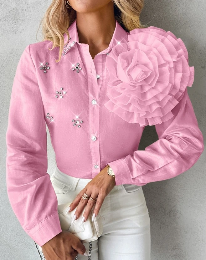 Mode Frau Bluse Frühling Rose Detail Strass Einreiher Casual Plain Drehen-unten Kragen Langarm Täglichen Shirt Top