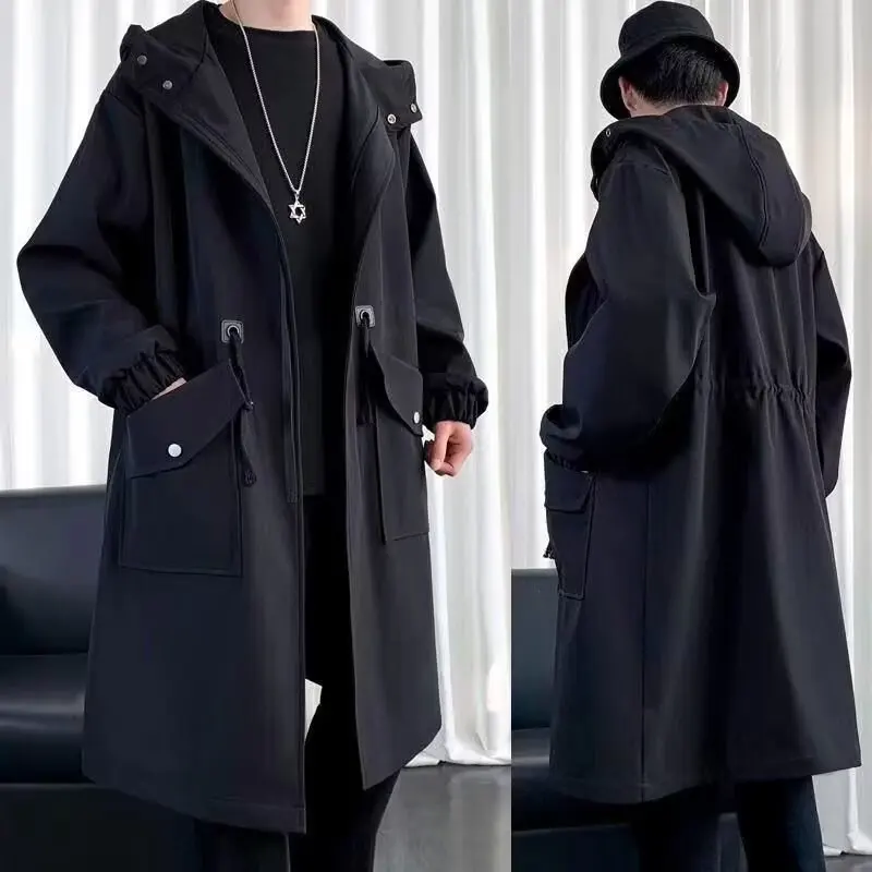 KIDWHXR Kapuzen-Windbreaker für Herren, Einfacher Einfarbiger Mittellanger Trenchcoat, Winddicht, Locker Geschnitten, Langarm, mit Taschen, Herren-Oberbekleidung – Detail 4