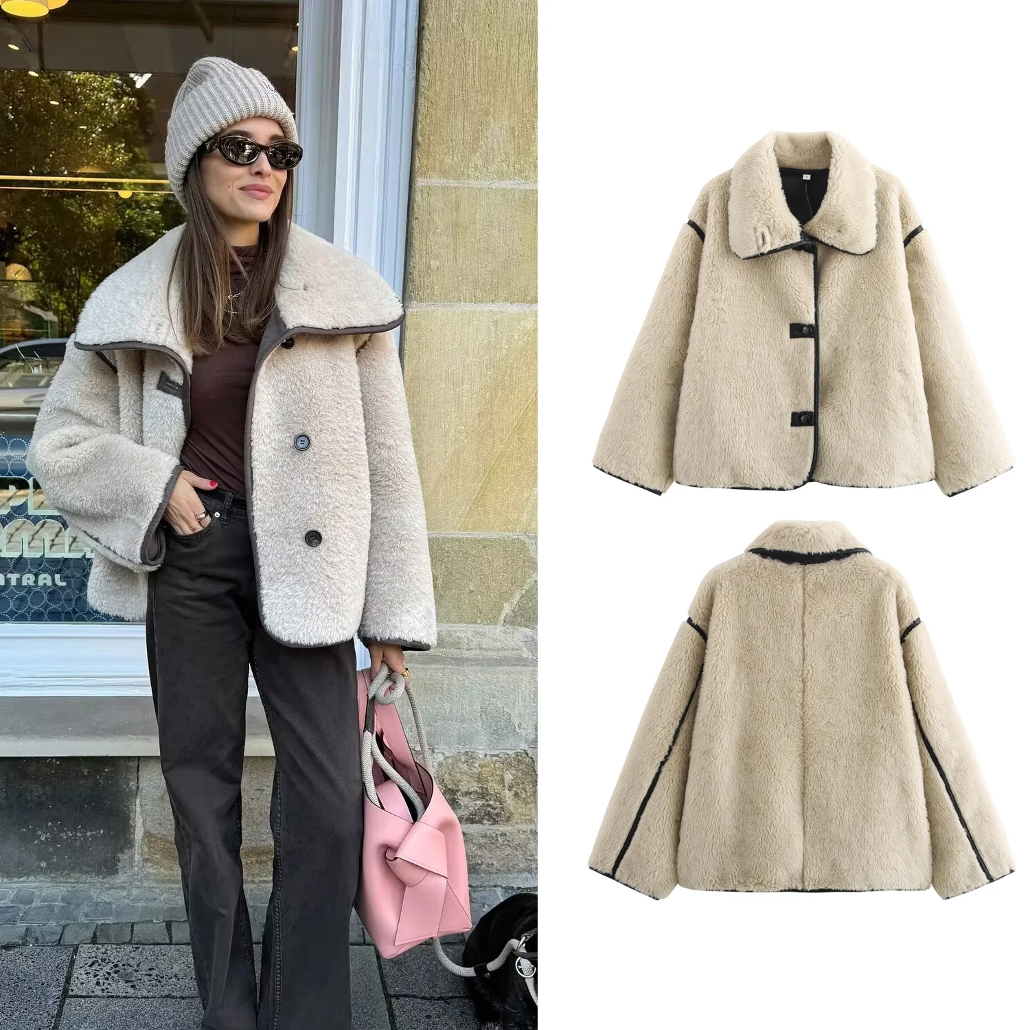 

Women's Short Fleece Jackets Autumn Winter Female Fur Warm Overcoat Casual Loose Buttons Long Sleeve Outwear Jacket