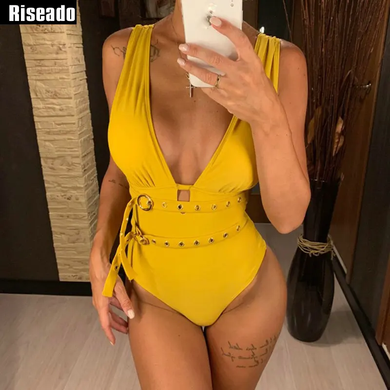 

Riseado Sexy Plunging One Piece Swimsuits Belted Women's Swimwear 2024 Backless Monikini Yellow Bathing Suit Women Bodysuit